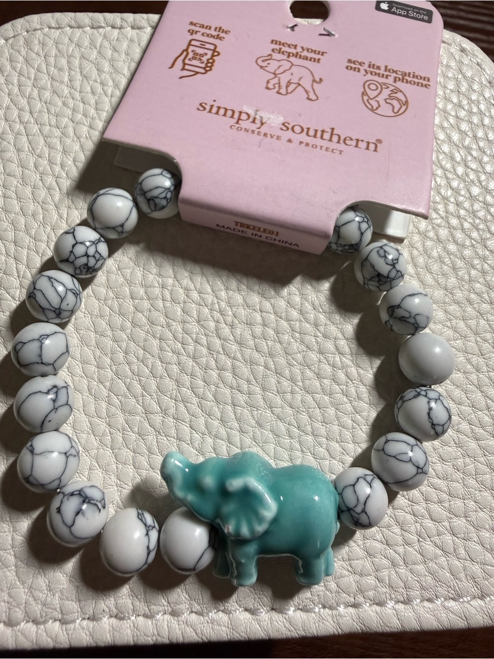 Simply Southern White Marble Bead Bracelet with Teal Elephant Charm